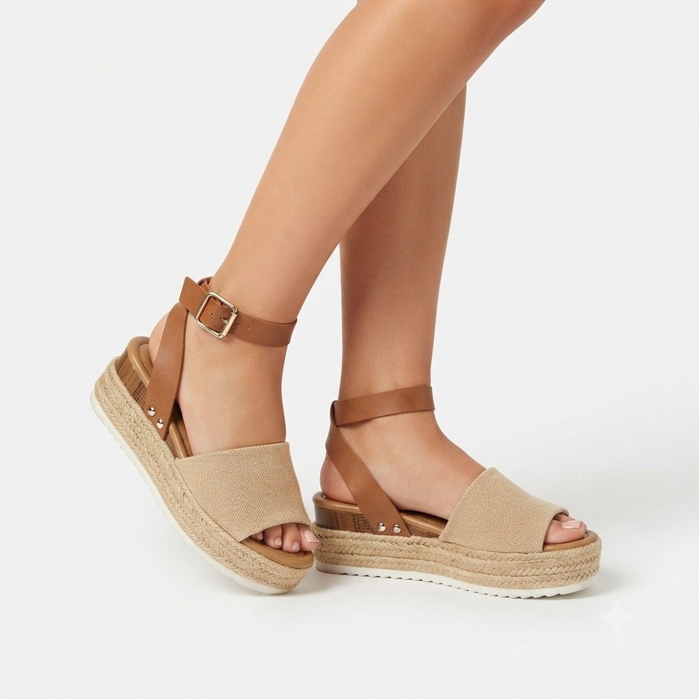 Soda Sandals Womens 6.5 Tan Canvas Espadrille Platform Sandals Ankle Strap